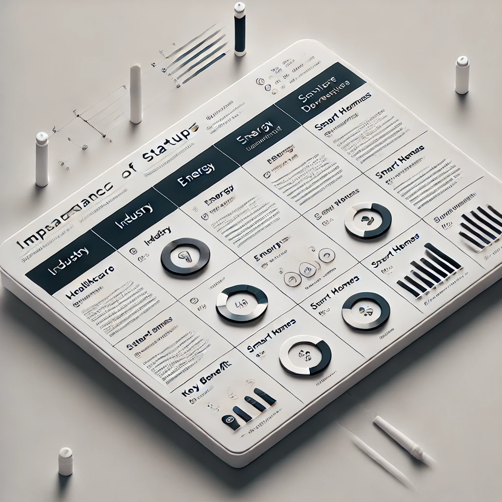 DALL·E 2025 01 03 11.11.59 A clean and modern table design summarizing the impact of startups across industries. The table has three columns labeled Industry Startup Contrib