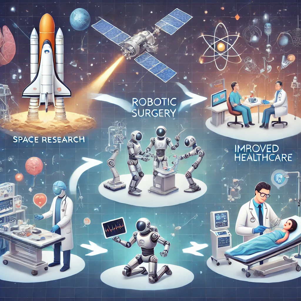 DALL·E 2025 01 05 21.36.39 A visually appealing infographic showing the progression of space technology innovations leading to medical advancements. The flow is represented in t