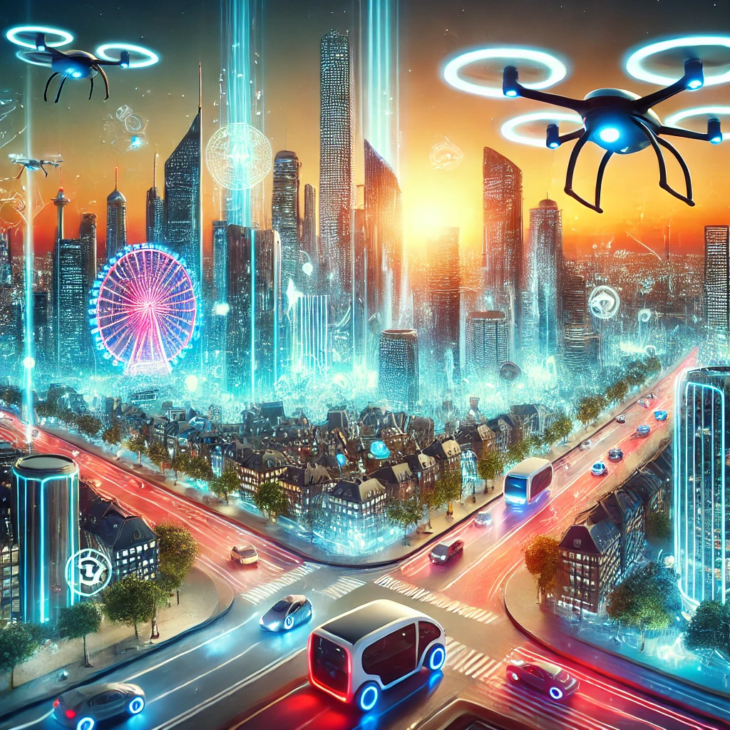 DALL·E 2025 01 03 11.13.28 An image of a futuristic city skyline with drones electric vehicles and tech integrated buildings symbolizing the culmination of startup driven adv