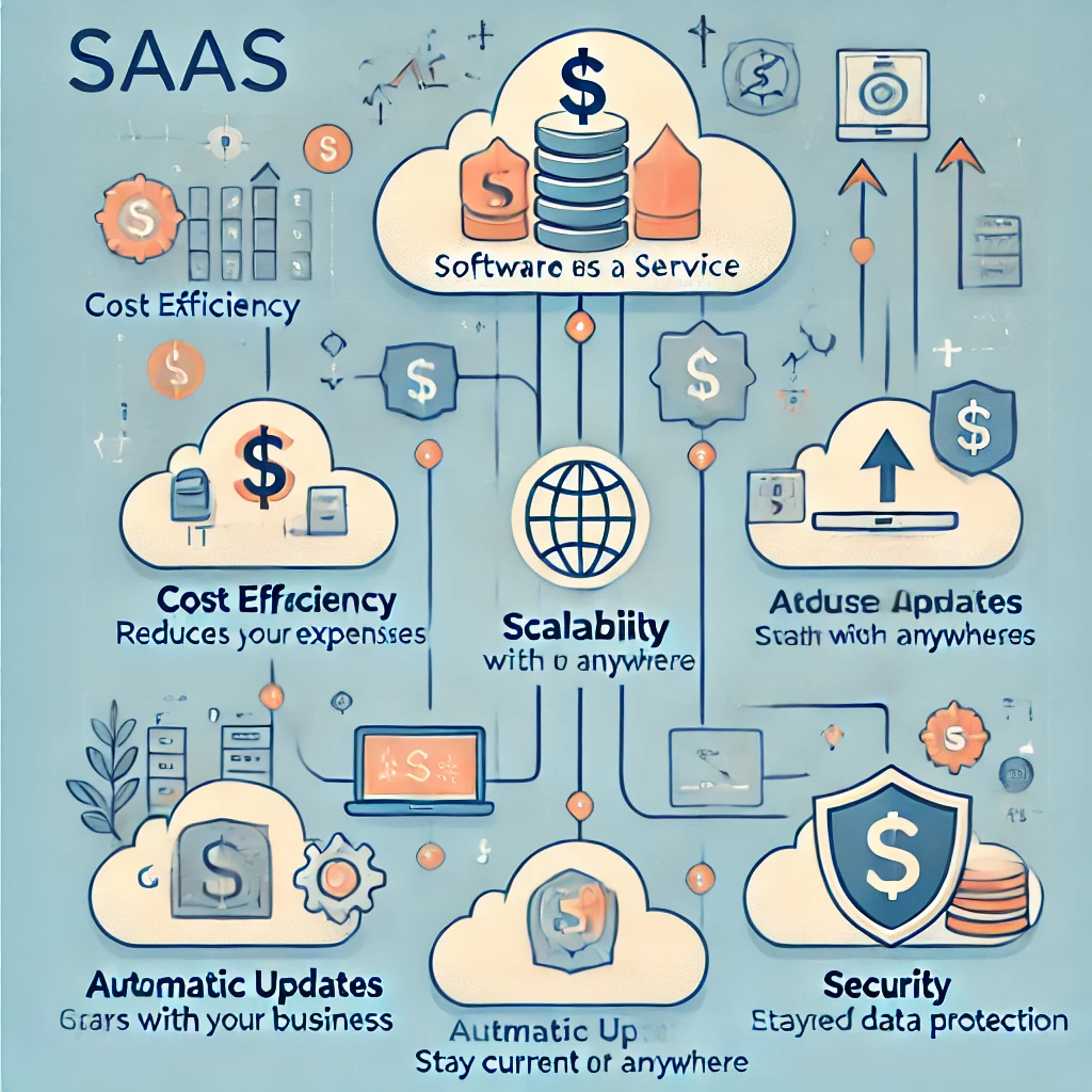 DALL·E 2025 02 02 00.56.04 A visually appealing flowchart illustrating the benefits of SaaS Software as a Service. The flowchart has five connected sections each with an icon