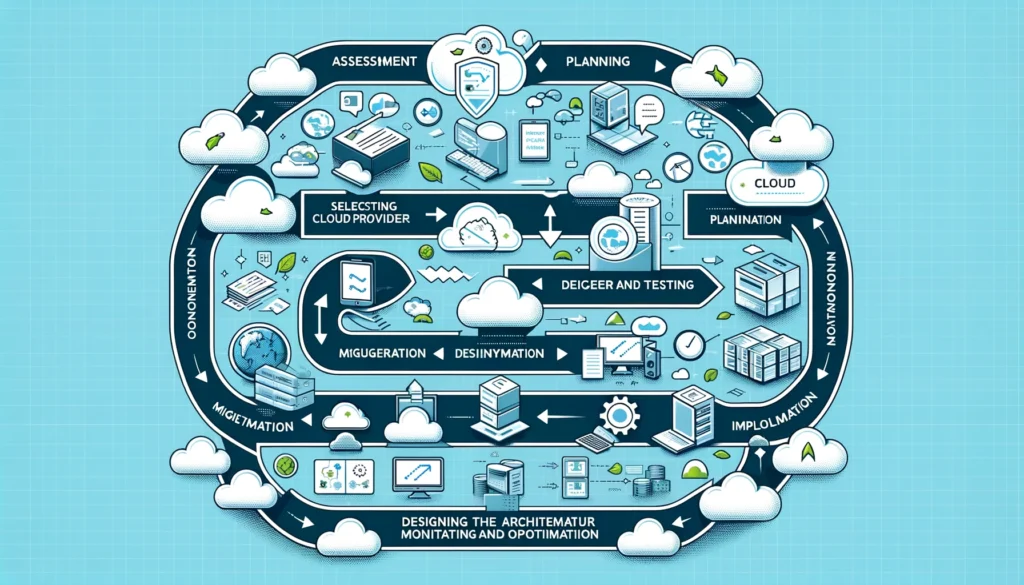 DALL·E 2025 02 04 15.58.33 A clear and easy to read flowchart illustrating the steps to migrate to the cloud from assessment to implementation. The flowchart includes the follo